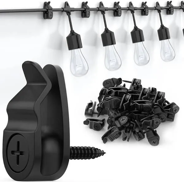 Lewufe Outdoor String Lights Clips, Weatherproof Cable Hanger Hooks for Hanging Fairy Lights, Holiday Decor - Black, 50 Pack