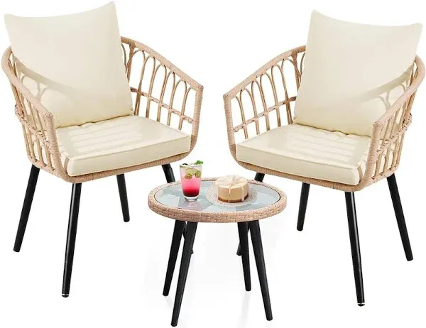 PE Wicker 3-Pieces Outdoor Bistro Set with Beige Cushions