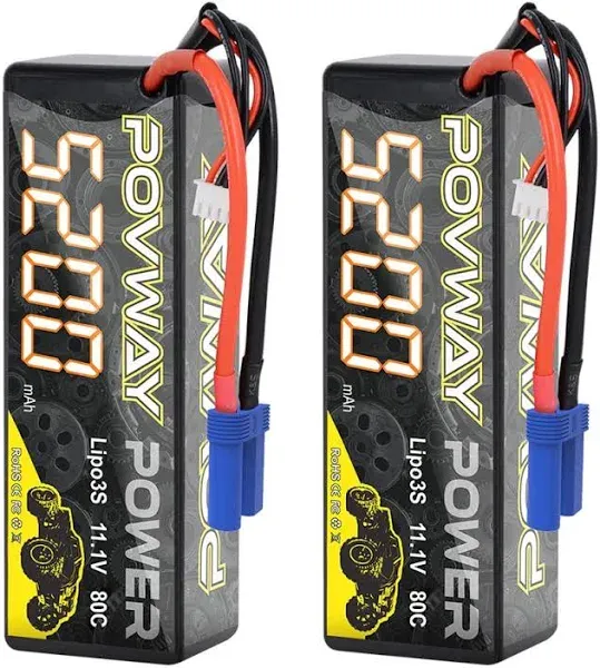 POVWAY 3s Lipo Battery 5200mAh 11.1V 80C EC5 Plug Hardcase RC Battery for RC Car Boat Truck Helicopter Airplane RC Model(2 Packs)