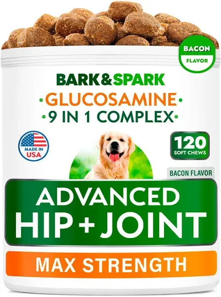 Bark&Spark Senior Advanced Glucosamine Chondroitin for Dogs - Hip Joint Pain Relief Pills - Old Dog Joint Supplement Large & Small Breed - Hip Joint Chews Joint Health Care Vitamin Treats - 120Ct