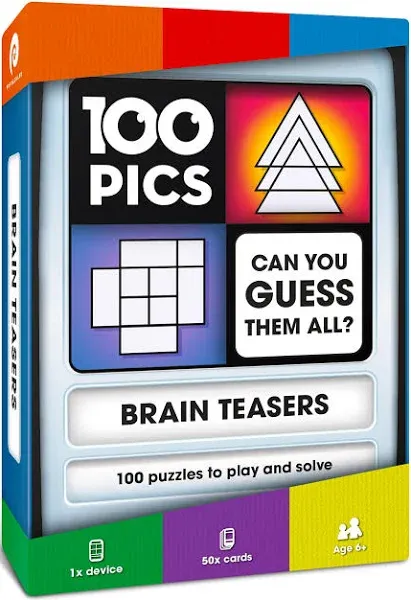 100 PICS Brain Teasers Travel Game - Solve 100 Puzzles | Flash Cards with Slide Reveal Case | Card Game, Gift, Stocking Stuffer | Hours of Fun for Kids and Adults | Age 6+