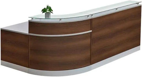 NBF Modern Reception Desk with Counter, Front Desk, Retail Checkout Counter, L Shaped, Office, Lobby, Salon, Store, Curved, 79" W x 63" D, Driftwood