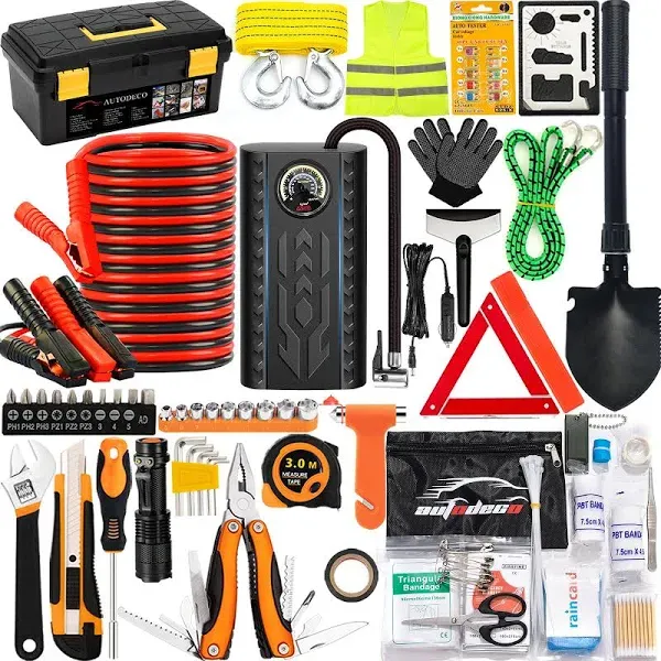 98 PCS Roadside Car Emergency Assistance Kit with Portable Air Compressor Jumper