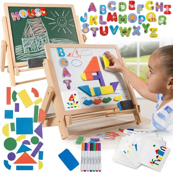 Wood Double-Sided Tabletop Easel 80 pc Activity Set for Kids- Magnetic Dry Erase Whiteboard & Chalkboard, Alphabet Phonic Letters & Shapes- Art STEM Childrens Play Center, Girls Boys Xmas Gift