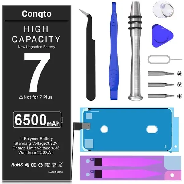 Upgraded Battery for iPhone 7, 6500mAh 2024 New Version Conqto Higher Capacity 0 Cycle Battery Replacement for iPhone 7 A1660, A1778, A1779 with Full Set Repair Tool Kits, Adhesive & Instructions