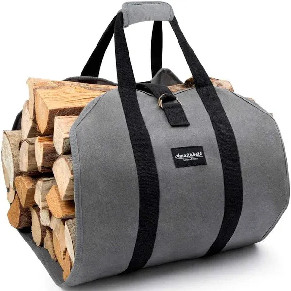 Amagabeli Firewood Carrier Tote Waxed Canvas Log Tote Carrying Bag Wood Carrier Bag with Handles Security Strap for Camping Indoor Firewood Logs Tote Log Holder Birchwood Stand Gray BG291