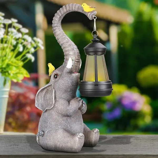 MEKOLIFE Solar Elephant Decor Statues Lights, Mothers Day Gifts for Women Grandma Wife, Elephant Figurines with Cute Birds Garden Sculpture Decor, Lucky