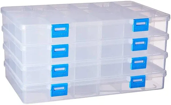 BENECREAT 4 Pack 18 Grids Large Transparent Plastic Storage Box Bead Organizer with Adjustable Dividers for Jewelry Beads Tools Craft Accessories and