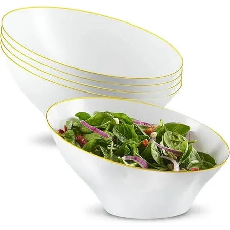 PLASTICPRO Angled Plastic Bowls Disposable Small Plastic Clear Serving Bowls with Gold Rim for Party for Appetizer Salads Pack of 8