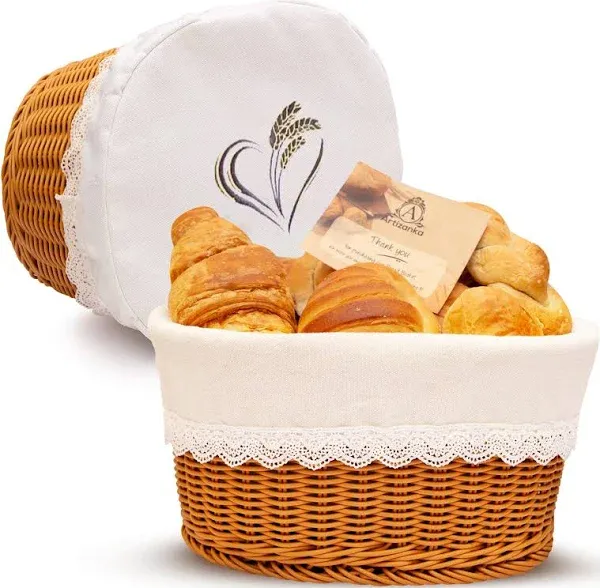 Large Poly-Wicker 12.5 inch Bread Basket Set - Sourdough Bread Basket with Removable Liner and Cover, Bread Storage Container and Fruit Basket