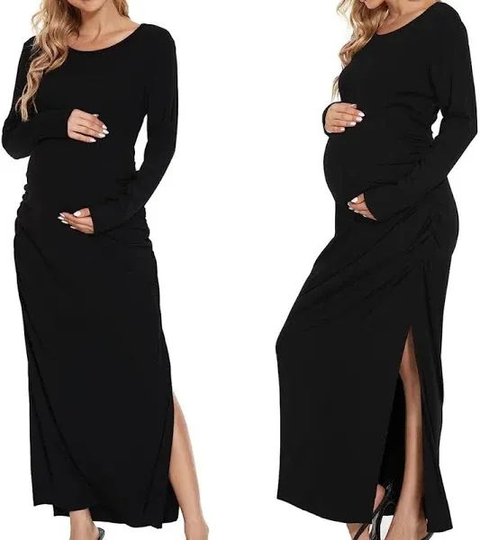 Smallshow Women's Split Maternity Dress Long Sleeve Ruched Pregnancy Clothes