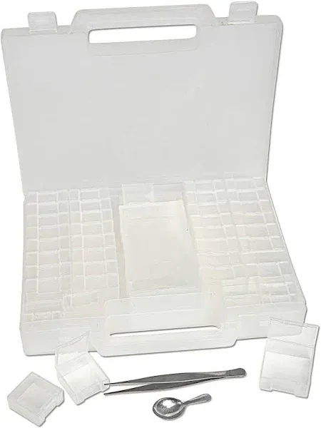 The Beadsmith Bead Organizer Carrying Case, 55 piece set, with removable compartments in assorted sizes, a carrying case, plus a bead scoop and tweezer.