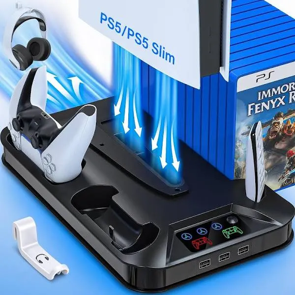 PS5 Slim Stand and Cooling Station with Controller Charging Station for Playsation 5 Slim&Standard Disc/Digital Console, PS5 Accessories Incl. Charger/Turbo Fan/3 USB Hub/Headset Holder - Black