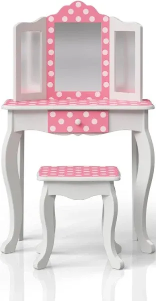 Teamson Kids Princess Gisele Polka Dot Print 2-Piece Kids Wooden Play Vanity Set with Vanity Table, Tri-Fold Mirror, Storage Drawer, and Matching Stool, White with White/Pink Polka Dot Accent