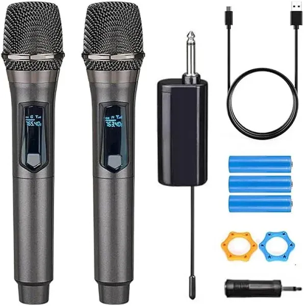 HUACAM Wireless Microphone,Rechargeable Wireless Dual UHF Microphone,Dual Handheld Dynamic Wireless Mic for Karaoke Singing, Wedding, DJ, Party,