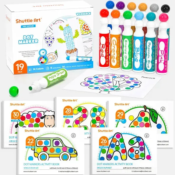 Shuttle Art Dot Markers, 14 Colors Bingo Daubers with 135 Patterns, 5 Activity Books, Educational Set With Art Activities,Non-Toxic Washable Coloring Markers