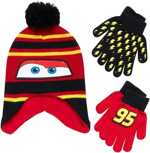 Disney Cars Lightning McQueen Winter Hat 2 Pair Mittens or Gloves (Toddler/Little Boys)