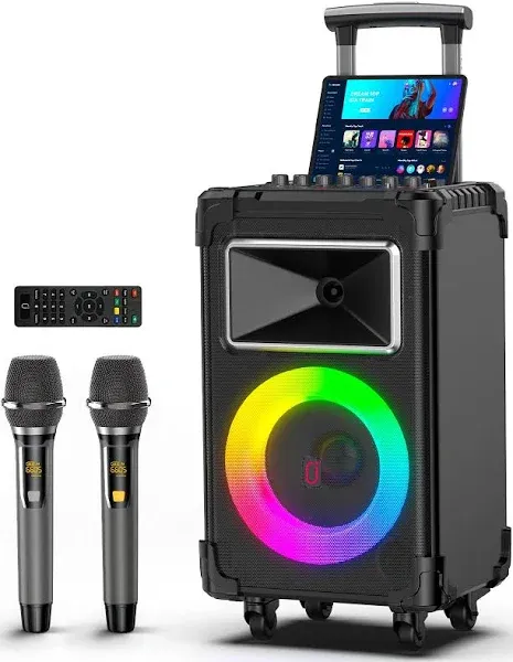 JYX Karaoke Machine, 10" Woofer Big Bluetooth Karaoke Speaker, Portable Party Speaker with 2 Wireless Mics, Party Lights & Bass/Treble/Echo Adjustment, Supports Vocal Cut, TWS/Bluetooth/REC/USB/TF/AUX