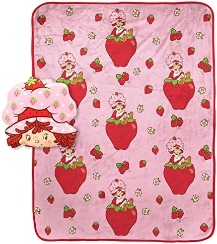 Strawberry Shortcake Pink Strawberries Galore Nogginz Set - 40 x 50 Inch Blanket & Pillow, Kids Super Soft 2 Piece Set