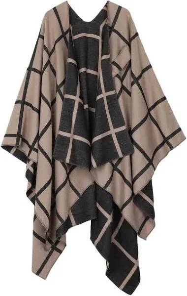 Bestshe Women's Boho Open Front Poncho Knitted Plaid Shawl Wrap Cape Tassel Cardigan Sweater