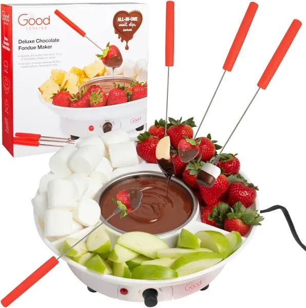 Electric Fondue Maker Deluxe Gift Set w 4 Forks, Removable Serving Tray & Melting/Warming Setting- Great for Dipping Snacks Marshmallows & Bread in Chocolate- Appetizers & Desserts- XMAS Gift for Her!