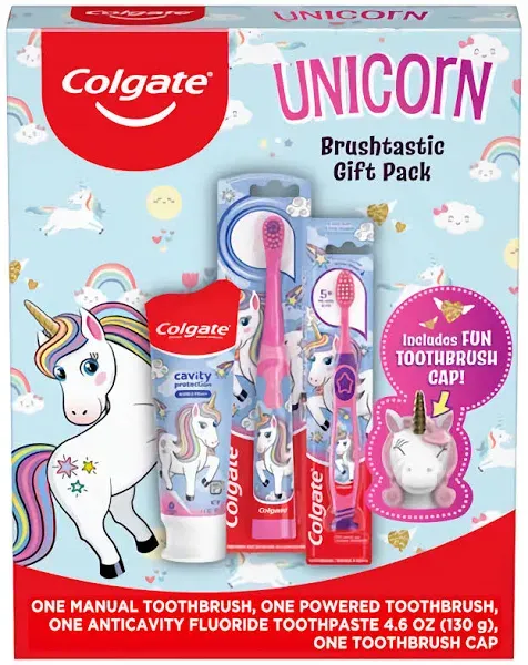 Colgate Kids Toothbrush Set with Toothpaste, Unicorn Gift Set with 1 Manual Toothbrush, 1 Battery-Powered Toothbrush, 1 Kids Fluoride Toothpaste, and 1 Toothbrush Cover