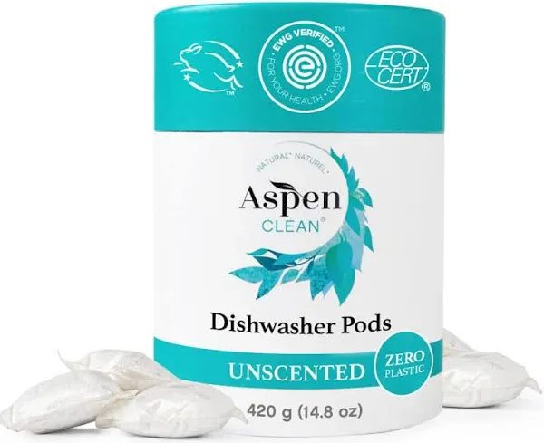 Unscented Dishwasher Pods by AspenClean, Dye-Free, Zero Plastic, EWG Verified™, Vegan, Eco-Friendly, Natural Dishwasher Detergent - 28 Count