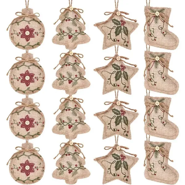 Jetec Rustic Christmas Burlap Tree Ornaments Farmhouse Hanging Decorations Christmas Stocking Tree Ball Shaped Decor for Christmas Party