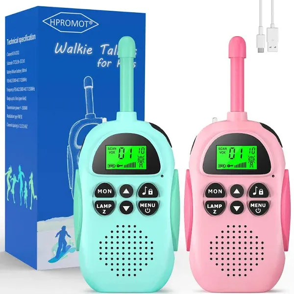 HPROMOT Walkie Talkies for Kids 2 Pack Rechargeable Kids Walkie Talkies Long Range 22 Channels 2 Way Radio Kids Toy Gift for 3-12 y