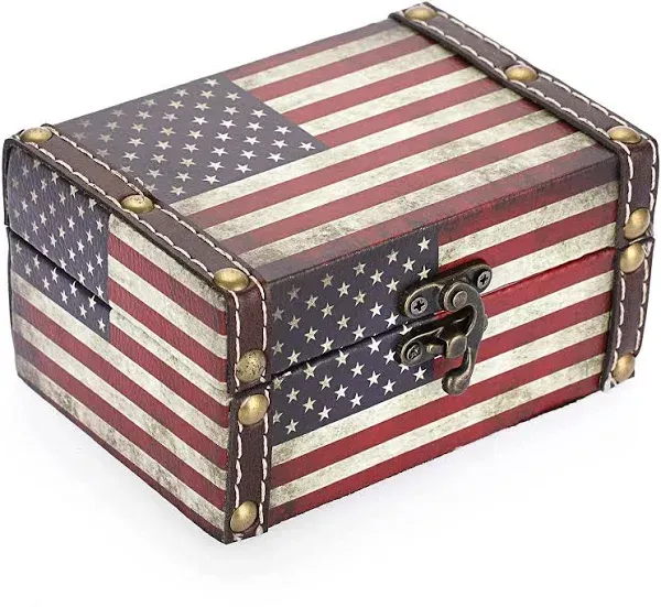 WaaHome Treasure Box 5'' Small Decorative Box Wood Jewelry Keepsakes Box with Lids for Home Decorations (American Flag)