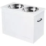 PawHut Raised Pet Feeding Storage Station with 2 Stainless Steel Bowls Base for Large Dogs and Other Large Pets, White