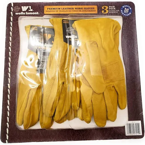 Wells Lamont Premium Leather Work Gloves 3 Pair Pack - Medium