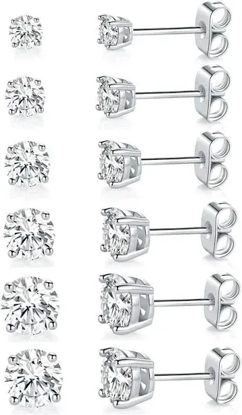 18K White Gold Plated Cubic Zirconia Stud Earring Pack (6 Pairs)