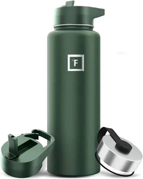 IRON °FLASK Camping & Hiking Hydration Flask, Wide Mouth, 3 Straw Lids, Stainless Steel Outdoor Water Bottle, Double Walled, Insulated Thermos, Metal Canteen - Sage, 40 Oz