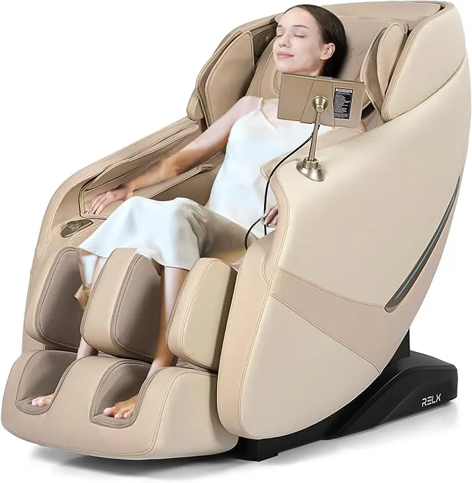 RELX Massage Chair Full Body, Zero Gravity Shiatsu Massage Chair with SL Track, Yoga Stretching, Foot Rollers, Waist Heating, AI Voice Control and Bluetooth (Venus Pro Beige)