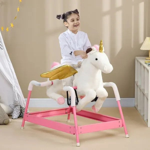 Qaba Spring Rocking Horse, Kids Ride on Horse for 5-12 Years, Ride on Toy with Sound, Unicorn Design, Pink