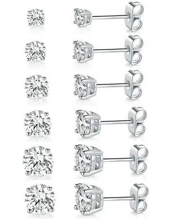 18K White Gold Plated Cubic Zirconia Stud Earring Pack (6 Pairs)