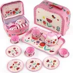 D-FantiX Kids Tea Set for Little Girls, 15Pcs Pink Tin Tea Party Set for Toddlers Afternoon Tea Time Playset with Metal Teapots Tea Cups Play Dishes Princess Toys Gifts with Carry Case