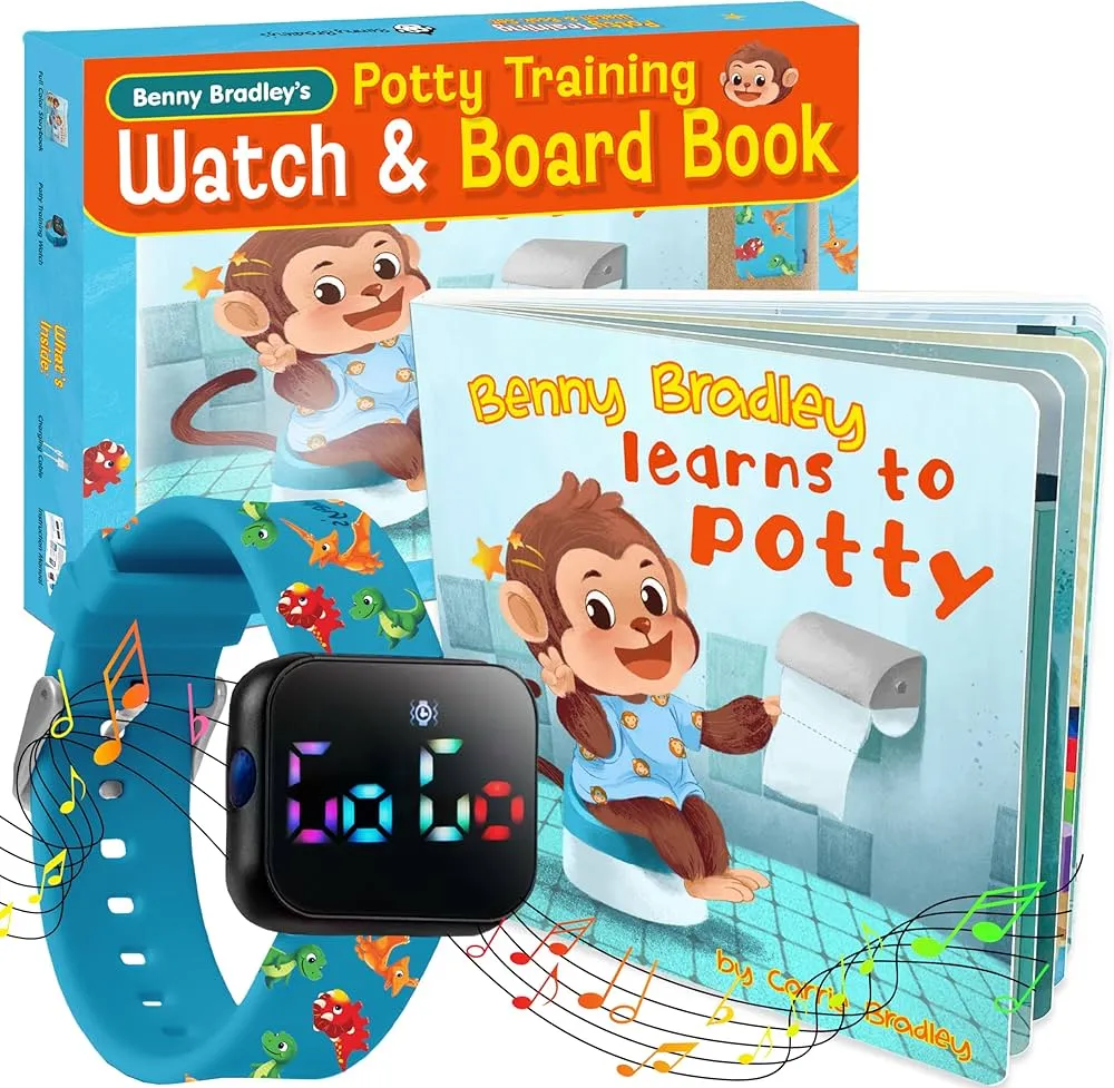 Potty Training Watch & Board Book for Kids – A Water Resistant Potty Reminder Device for Boys & Girls - Train Your Toddler with Fun Musical or Vibration Reminders and Printed Board Book (Turquoise)