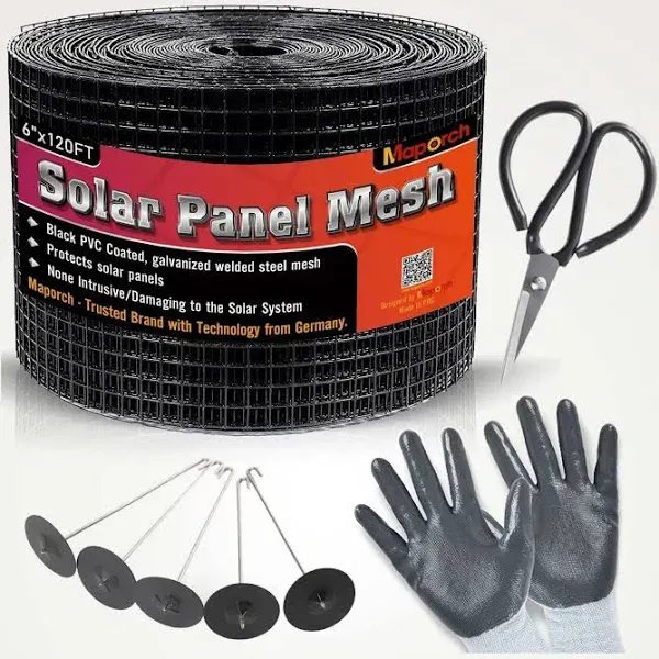 MAPORCH 6"x120FT Solar Mesh Screen for Bird Proofing Solar Panels, Solar Panel Bird Guard & Black PVC Coated Galvanized Steel with 60 Fastener Solar Panel Clips, Cutting Scissor & Gloves Included