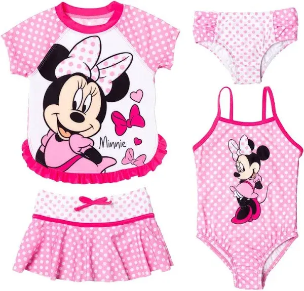 Disney Minnie Mouse Girls One Piece Bathing Suit Rash Guard Modest Swimsuit Skirt and Bottom 5 Set