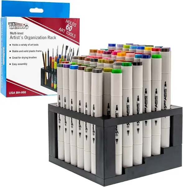 U.S. Art Supply 60 Hole Multi-Level Plastic Organization Rack Pencil, Brush & Supply Holder - Desk Stand Holding Rack for Pens, Paint Brushes, Colored Pencils, Markers