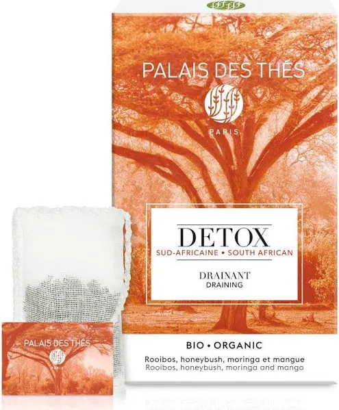 Palais des Thés - Organic South African Detox Caffeine-Free Rooibos Tea for Draining with Honeybush, Moringa, and African Mango - 20 Count Biodegradable Tea Bags Box