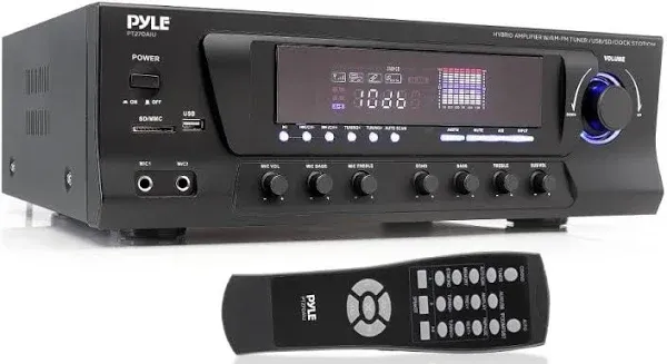 Pyle Home 300W Digital Stereo Receiver System - AM/FM Qtz. Tuner, USB/SD Card MP3 Player & Subwoofer Control, A/B Speaker, IPhone MP3 Input with Karaoke, Cable & Remote - PT270AIU