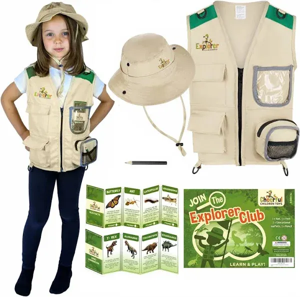 Kids Explorer Costume including Safari Vest and Hat - Boys & girls aged between 3-7 - Role play as paleontologist, zoo keeper, park ranger or fishing