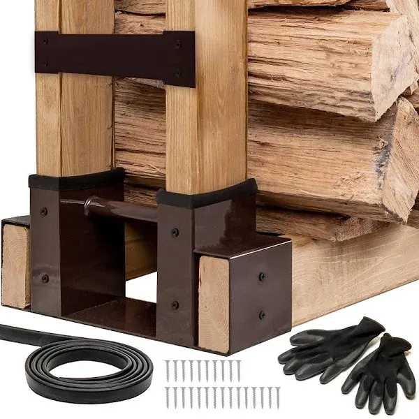 Tidyboss Outdoor Firewood Log Storage Rack | 2x4 Bracket Kit | Adjustable to Any Length with Seal Strip, Gloves, Steel Plates and Screws (Dark Brown)