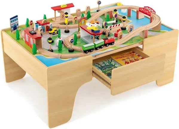 Costway 84-Piece Wooden Train Set with Reversible and Detachable Tabletop