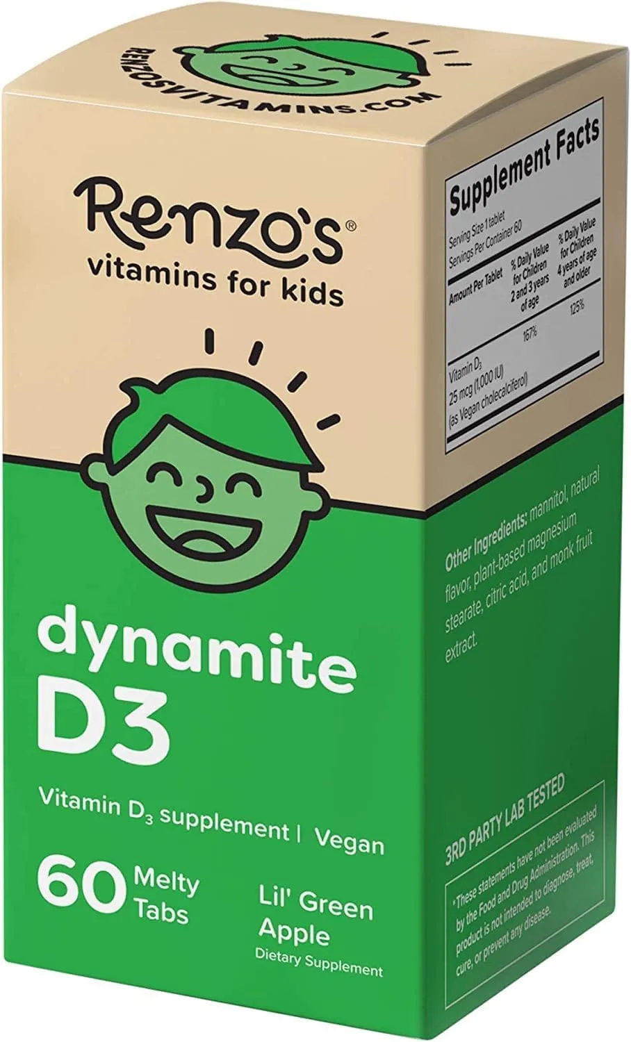 Renzo's Dynamite Vitamin D3 - Dissolving Kids Vitamin D3-60 Sugar-Free Melty Tabs, Lil’ Green Apple Flavored