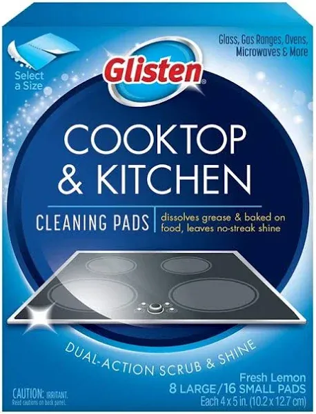 Glisten Cooktop and Kitchen Cleaning Pads, Dissolves Grease and Baked on Foods, Lemon Scent, 24 Large Pads or 48 Small Pads