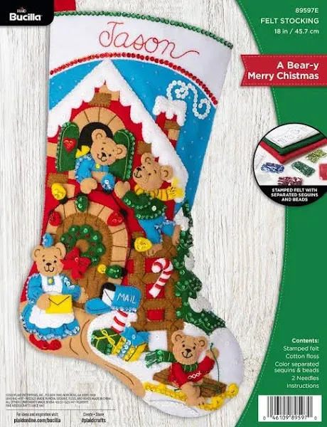 Bucilla, Bear-y Merry Christmas, Felt Applique 18" Stocking Making Kit, Perfect for DIY Arts and Crafts, 89597E